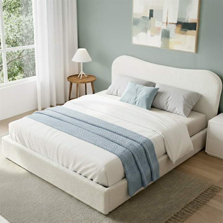 Artiss Queen Bed Frame with Gaslift Storage Wooden Platform Base Boucle Upholstered White