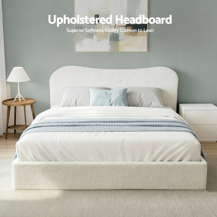 Artiss Queen Bed Frame with Gaslift Storage Wooden Platform Base Boucle Upholstered White