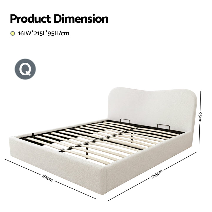 Artiss Queen Bed Frame with Gaslift Storage Wooden Platform Base Boucle Upholstered White