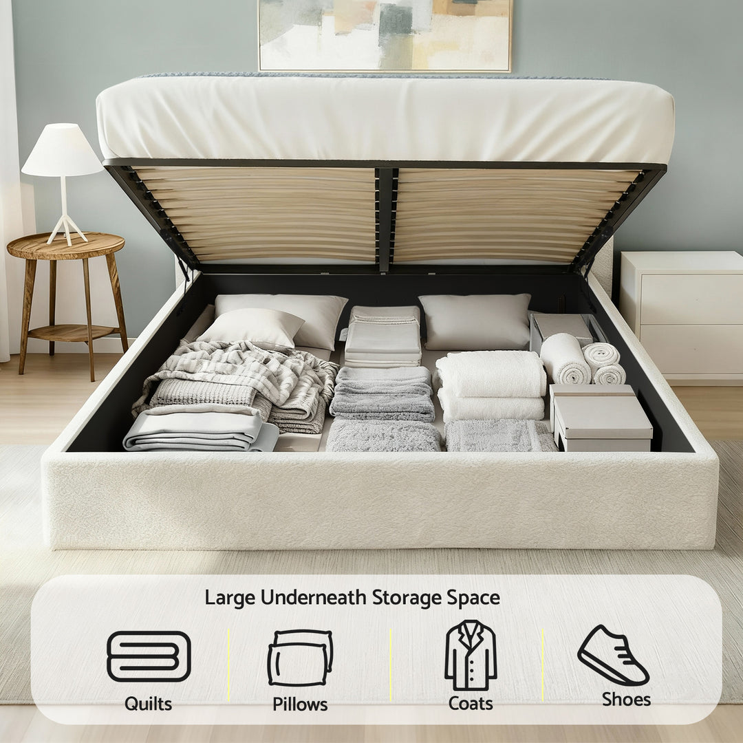 Artiss Queen Bed Frame with Gaslift Storage Wooden Platform Base Boucle Upholstered White