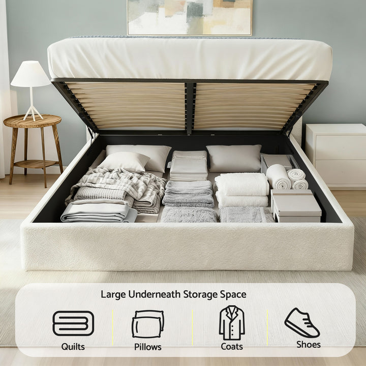 Artiss Queen Bed Frame with Gaslift Storage Wooden Platform Base Boucle Upholstered White