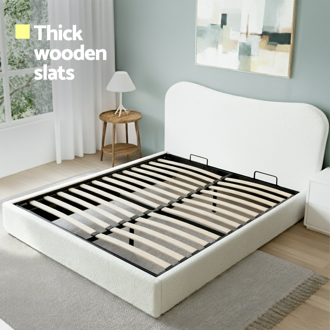 Artiss Queen Bed Frame with Gaslift Storage Wooden Platform Base Boucle Upholstered White