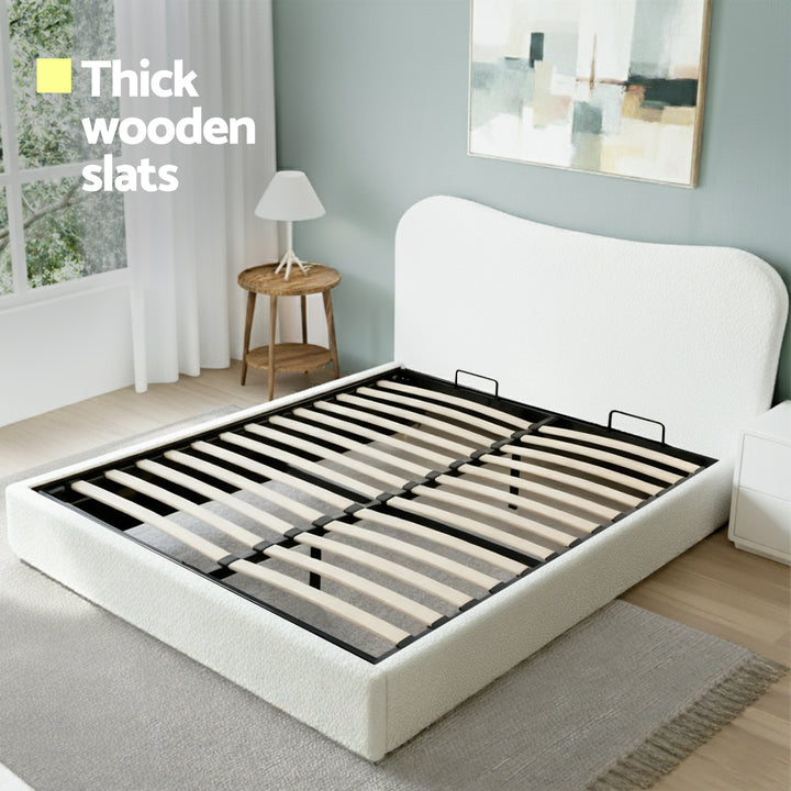 Artiss Queen Bed Frame with Gaslift Storage Wooden Platform Base Boucle Upholstered White