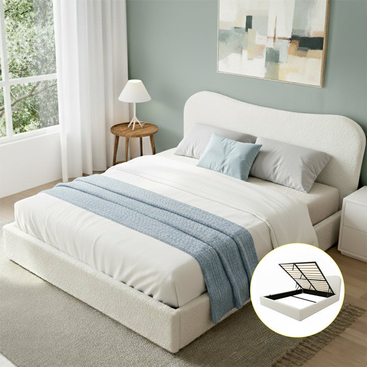 Artiss Queen Bed Frame with Gaslift Storage Wooden Platform Base Boucle Upholstered White