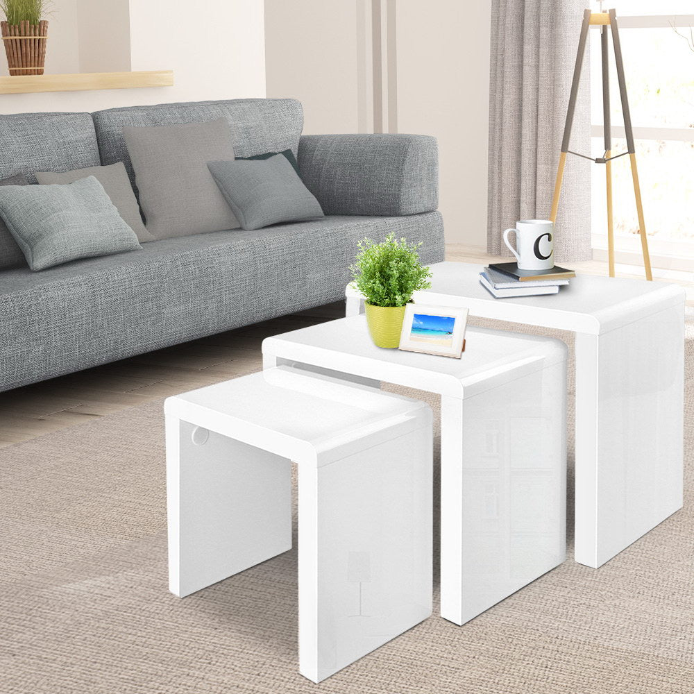 Artiss Nesting Coffee Table Set of 3 - Glossy White Modern Side Tables