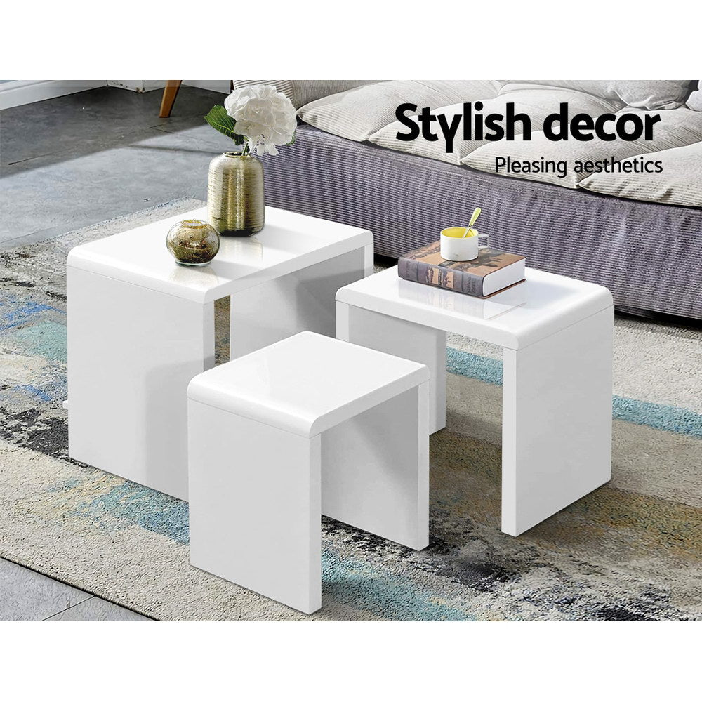 Artiss Nesting Coffee Table Set of 3 - Glossy White Modern Side Tables