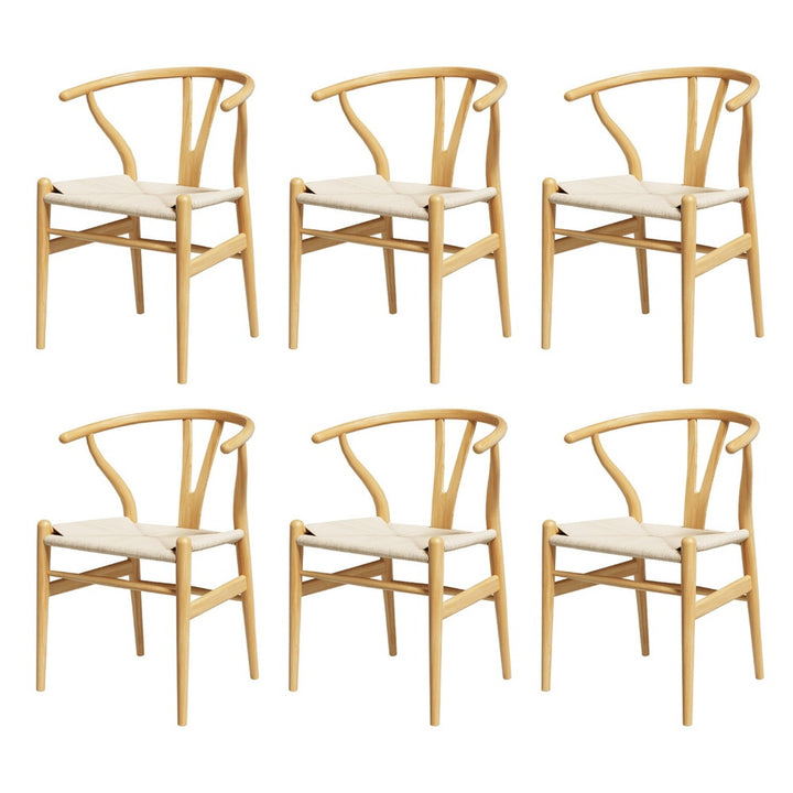 1 Set of 6 Artiss Dining Chairs Wooden Rattan Seat Wishbone Back