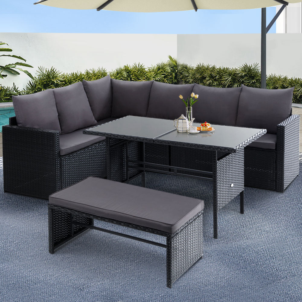 Gardeon 8-Seater Outdoor Wicker Lounge Set - Black Patio Furniture