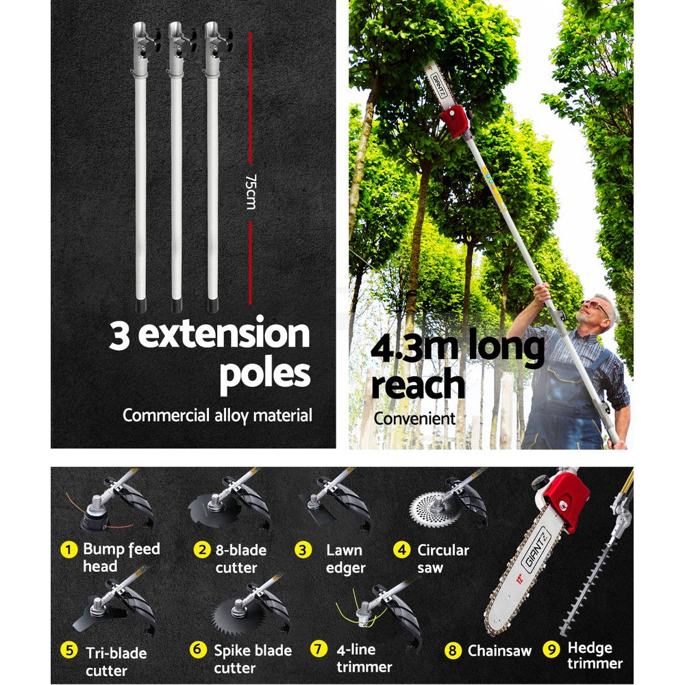 Giantz 4 Stroke Pole Chainsaw Petrol Hedge Trimmer Tree Pruner 12'' 9 In 1