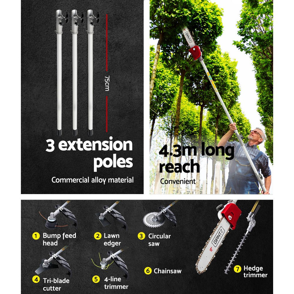 Giantz 4 Stroke Pole Chainsaw Petrol Hedge Trimmer Tree Pruner 12'' 7 In 1