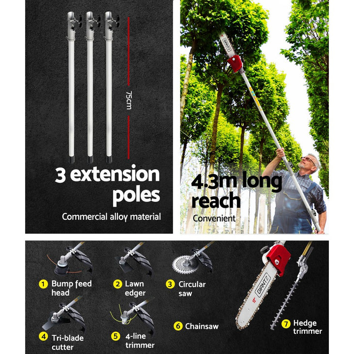 Giantz 4 Stroke Pole Chainsaw Petrol Hedge Trimmer Tree Pruner 12'' 7 In 1