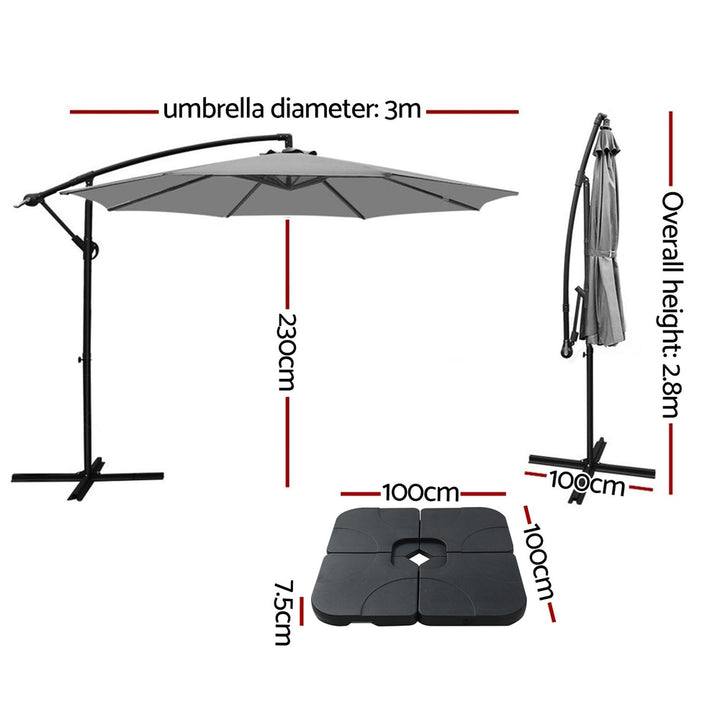 Outdoor Cantilever Umbrella 3m with Base - Garden Patio Shade Grey
