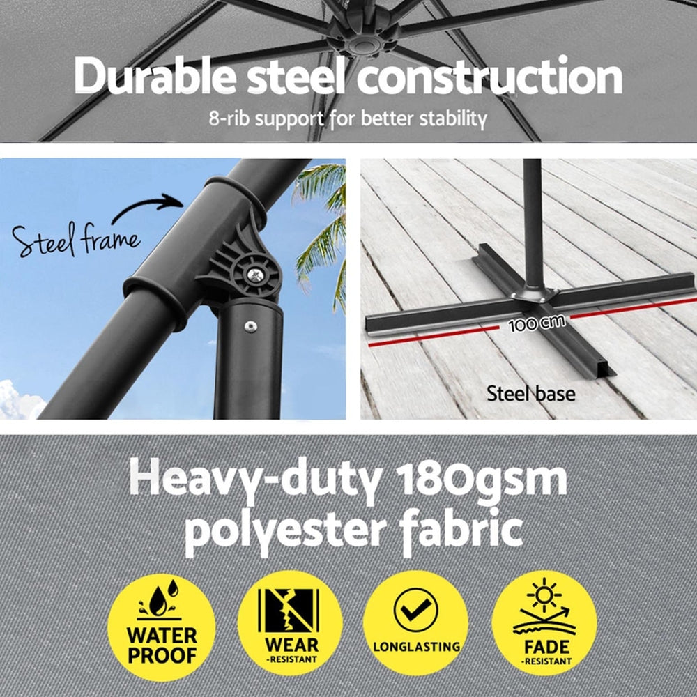 Outdoor Cantilever Umbrella 3m with Base - Garden Patio Shade Grey