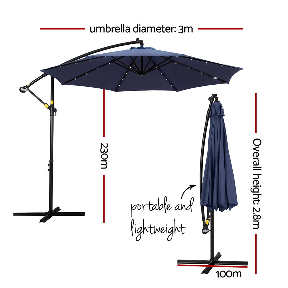 Outdoor Cantilever Umbrella 3m with LED Lights - Garden Patio Shade