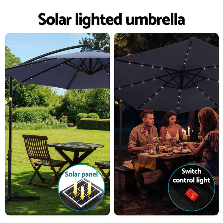 Outdoor Cantilever Umbrella 3m with LED Lights - Garden Patio Shade