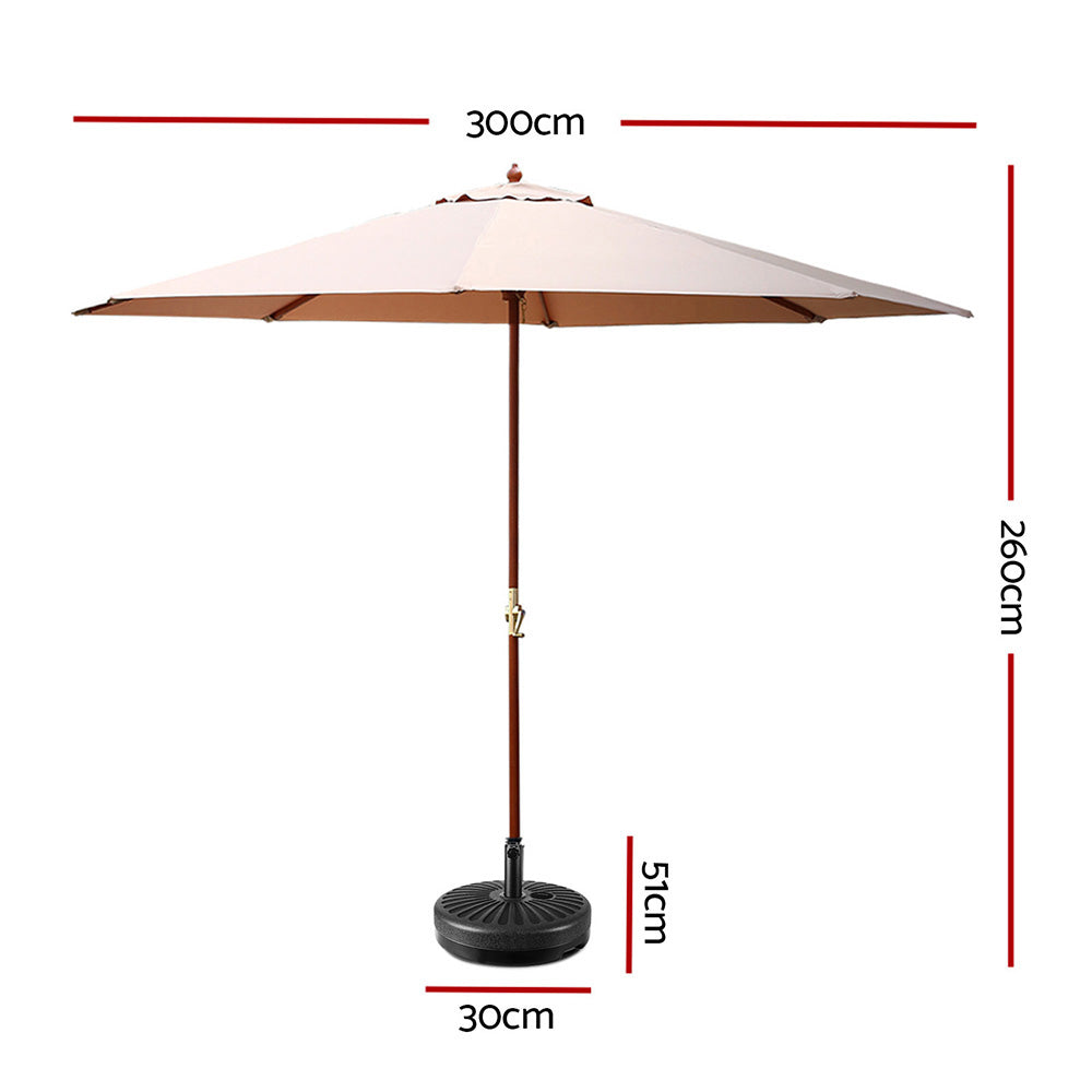 Outdoor Umbrella 3m with Base - Garden Patio Sun Shade Beige