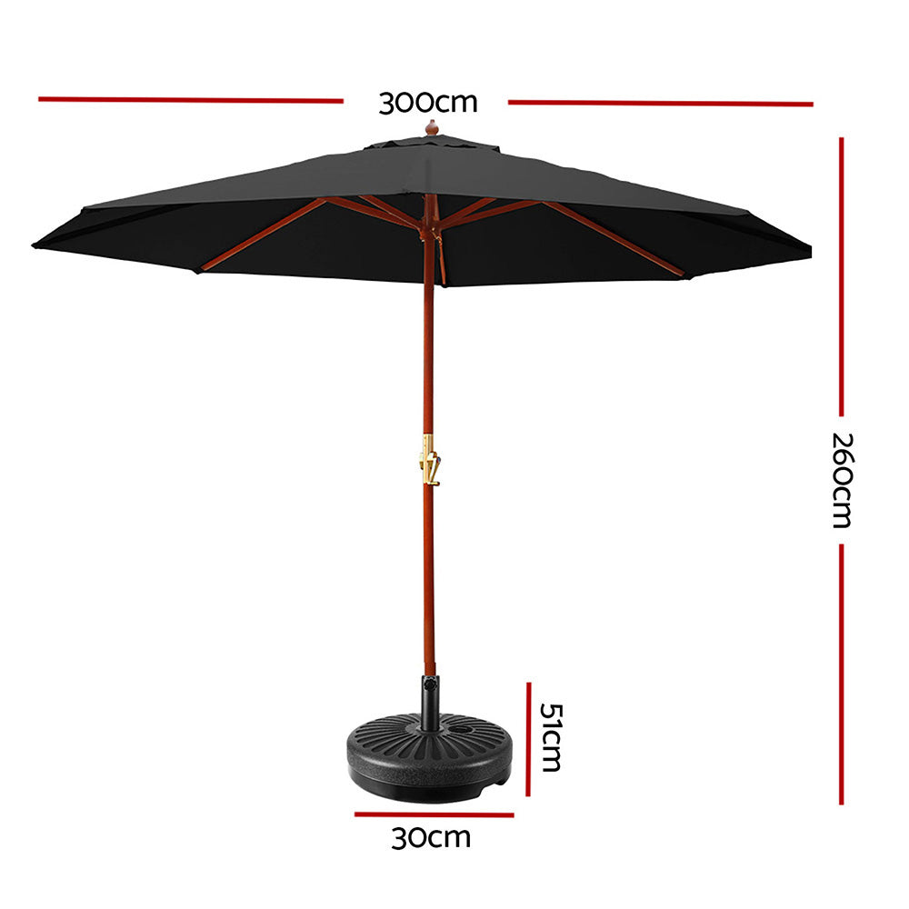 Outdoor Umbrella 3m with Base - Garden Patio Sun Shade Black