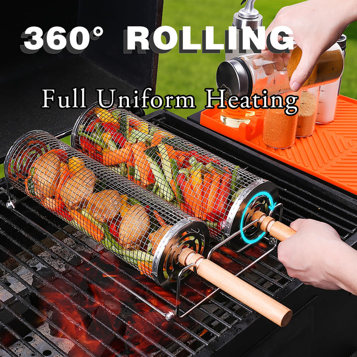 Rolling Grill Basket Set with Removable Wooden Handle – 304 Stainless Steel BBQ Rotating Cage for Meat, Vegetables & Seafood (Grey)