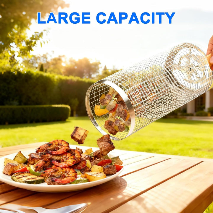 Rolling Grill Basket Set with Removable Wooden Handle – 304 Stainless Steel BBQ Rotating Cage for Meat, Vegetables & Seafood (Grey)