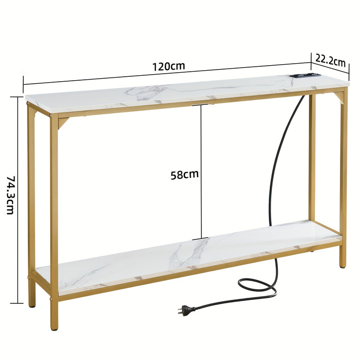 2 Tier Console Table with Power Outlets and USB Ports, Wood Entryway Table with Charging Station & Storage Shelf, Narrow 2-Tier Sofa Table for Living Room Hallway Foyer