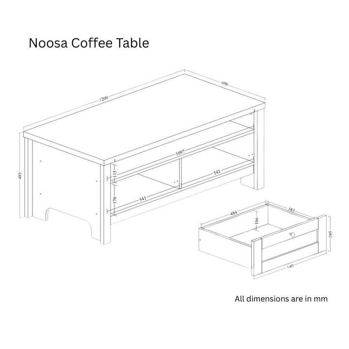 Noosa Coffee Table White Oak 2 Shelf and 2 Drawers