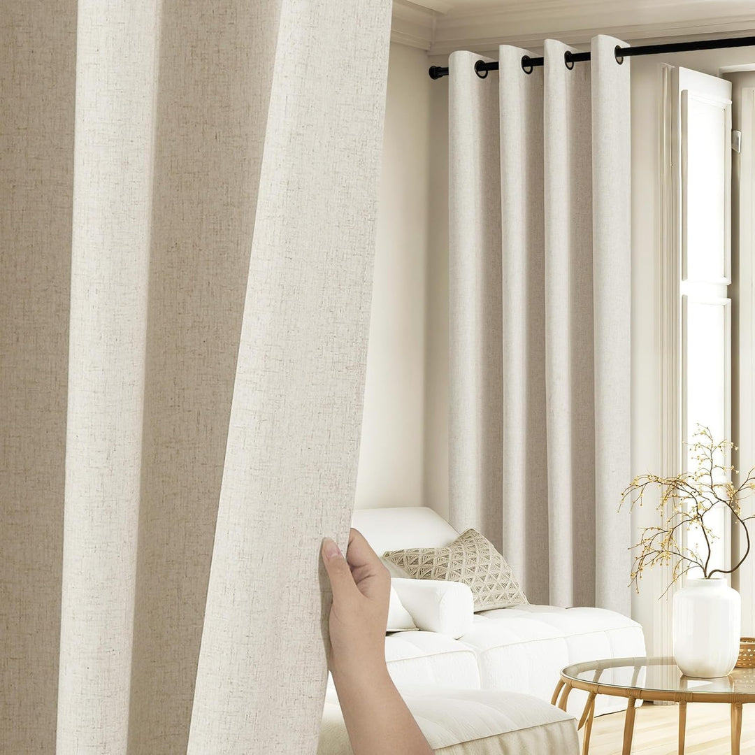 Linen Curtains 84 Inch Long 100% Blackout 2 Panels Natural Thick Farmhouse Living Room Soundproof Curtain Thermal Insulated Window Treatment Door Curtain Drapes (52-Inch Width Each Panel)