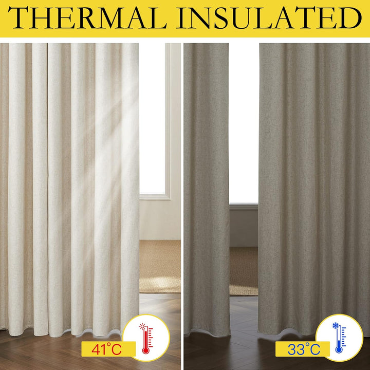 Linen Curtains 84 Inch Long 100% Blackout 2 Panels Natural Thick Farmhouse Living Room Soundproof Curtain Thermal Insulated Window Treatment Door Curtain Drapes (52-Inch Width Each Panel)