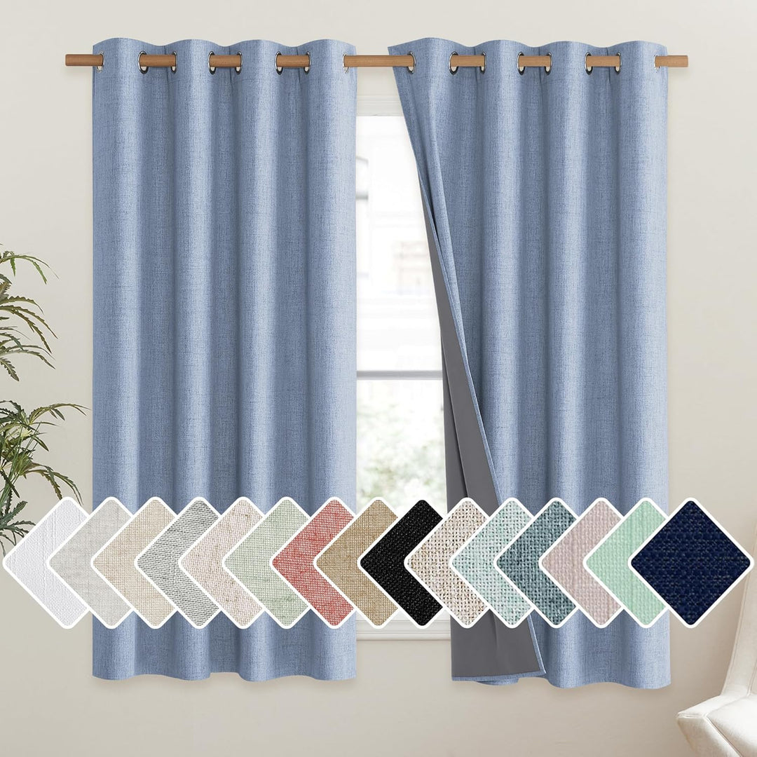 Stone Blue Vintage Linen 100% Blackout Curtains for Living Room,Thermal Insulated Curtains 63" Long,Noise Reducing Window Treatment Drapes for Hall Room,52" Wide Per Panel,Set of 2