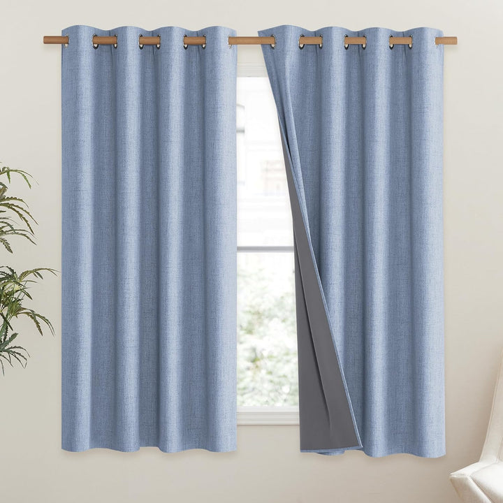 Stone Blue Vintage Linen 100% Blackout Curtains for Living Room,Thermal Insulated Curtains 63" Long,Noise Reducing Window Treatment Drapes for Hall Room,52" Wide Per Panel,Set of 2