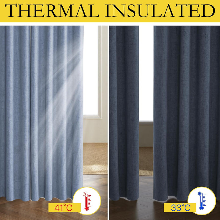 Stone Blue Vintage Linen 100% Blackout Curtains for Living Room,Thermal Insulated Curtains 63" Long,Noise Reducing Window Treatment Drapes for Hall Room,52" Wide Per Panel,Set of 2