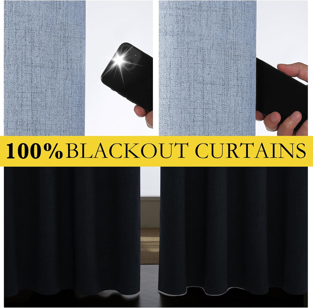 Stone Blue Vintage Linen 100% Blackout Curtains for Living Room,Thermal Insulated Curtains 63" Long,Noise Reducing Window Treatment Drapes for Hall Room,52" Wide Per Panel,Set of 2