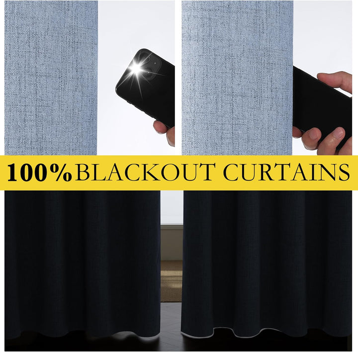 Stone Blue Vintage Linen 100% Blackout Curtains for Living Room,Thermal Insulated Curtains 63" Long,Noise Reducing Window Treatment Drapes for Hall Room,52" Wide Per Panel,Set of 2
