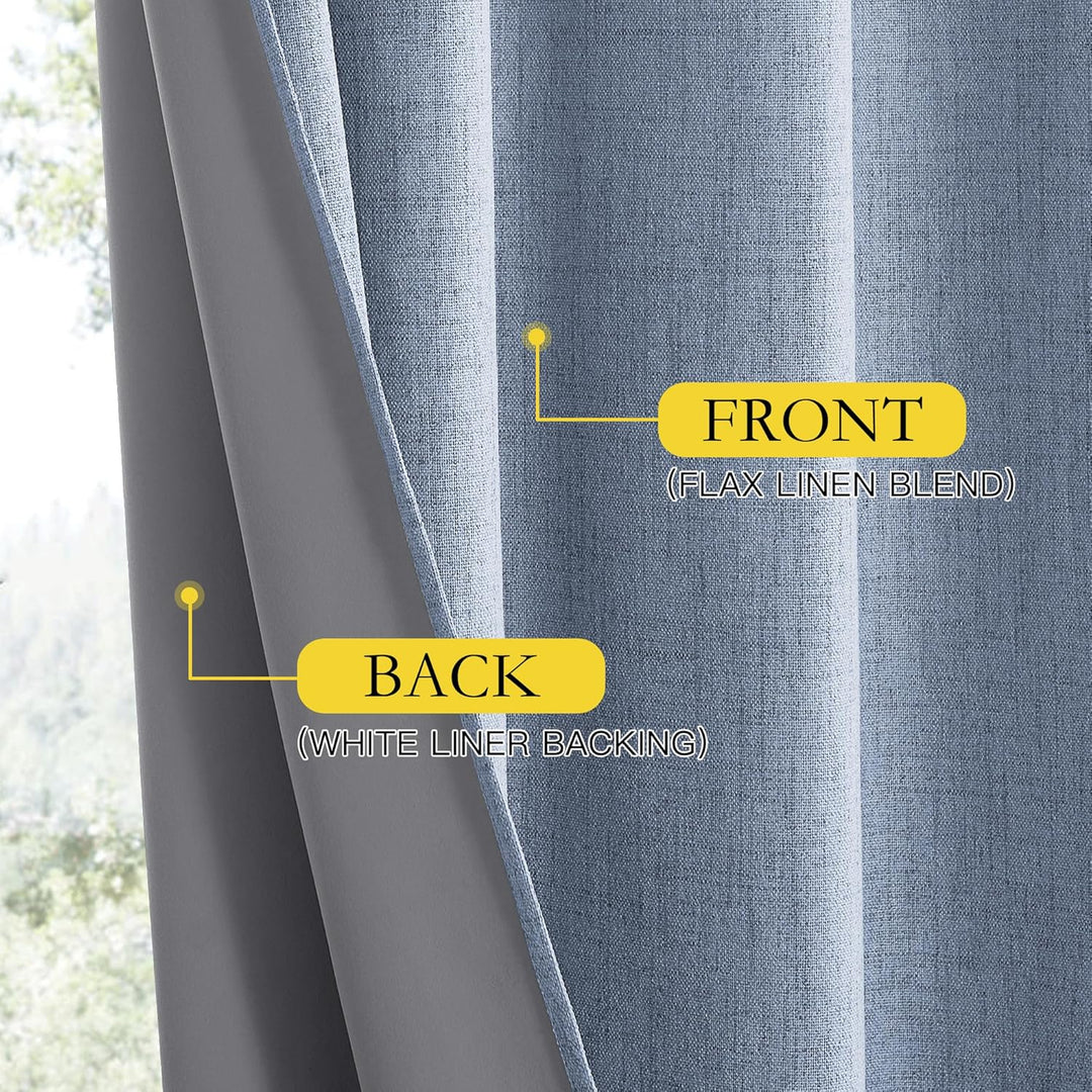 Stone Blue Vintage Linen 100% Blackout Curtains for Living Room,Thermal Insulated Curtains 63" Long,Noise Reducing Window Treatment Drapes for Hall Room,52" Wide Per Panel,Set of 2