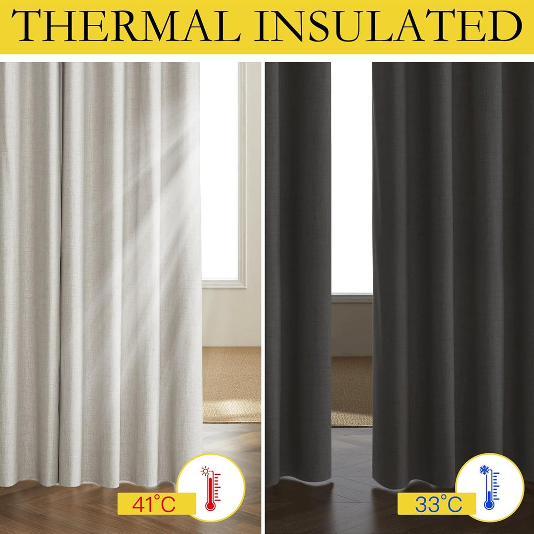 Snowbound Vintage Linen 100% Blackout Curtains for Living Room,Thermal Insulated Curtains 63" Long,Noise Reducing Window Treatment Drapes for Hall Room,52" Wide Per Panel,Set of 2