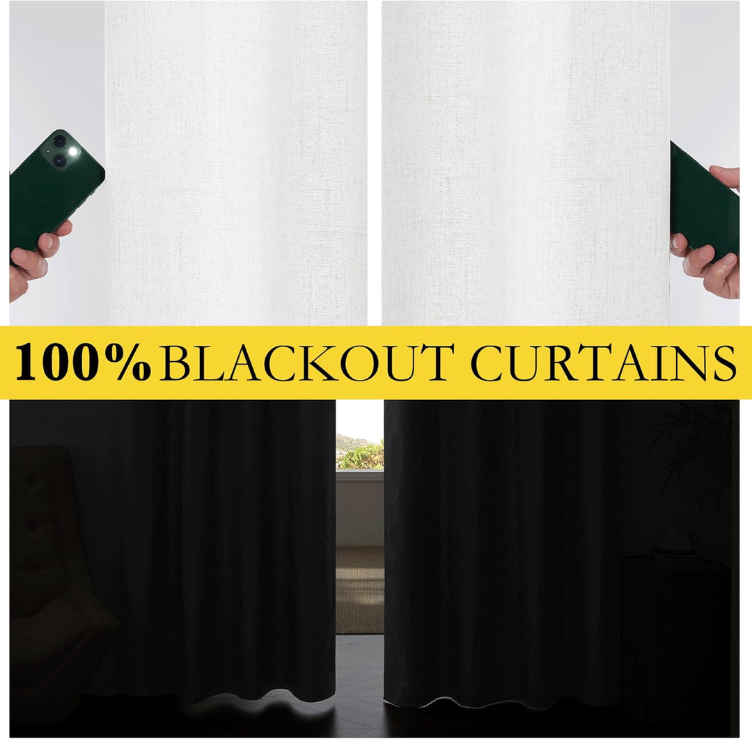 100% Absolutely Blackout Linen Curtains with Thermal Insulated White Liner,Greyish White,52" Wide,84" Length Energy Saving Curtains for Living Room 2 Panels Set,Vertical Blinds