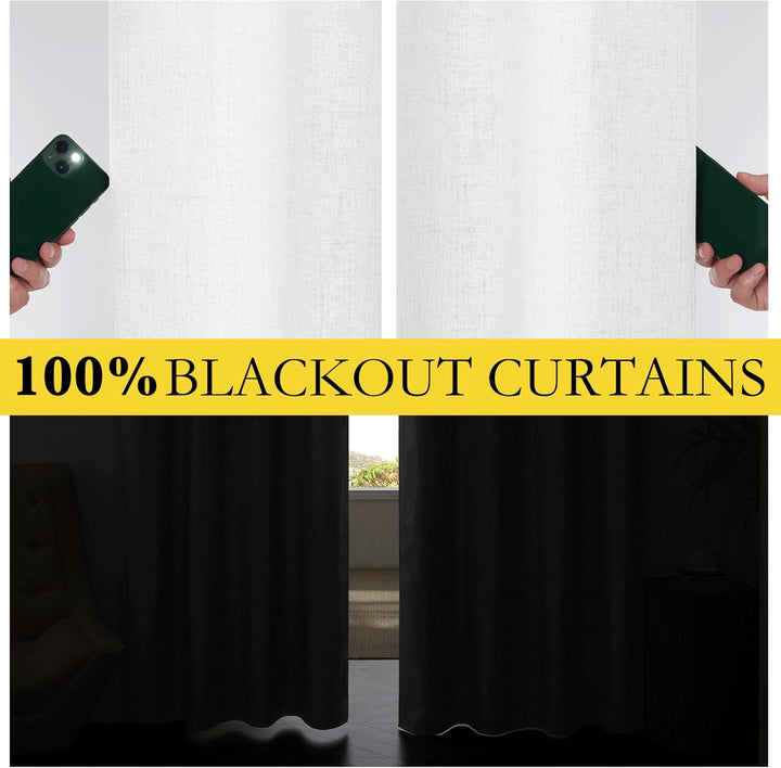100% Absolutely Blackout Linen Curtains with Thermal Insulated White Liner,Greyish White,52" Wide,84" Length Energy Saving Curtains for Living Room 2 Panels Set,Vertical Blinds