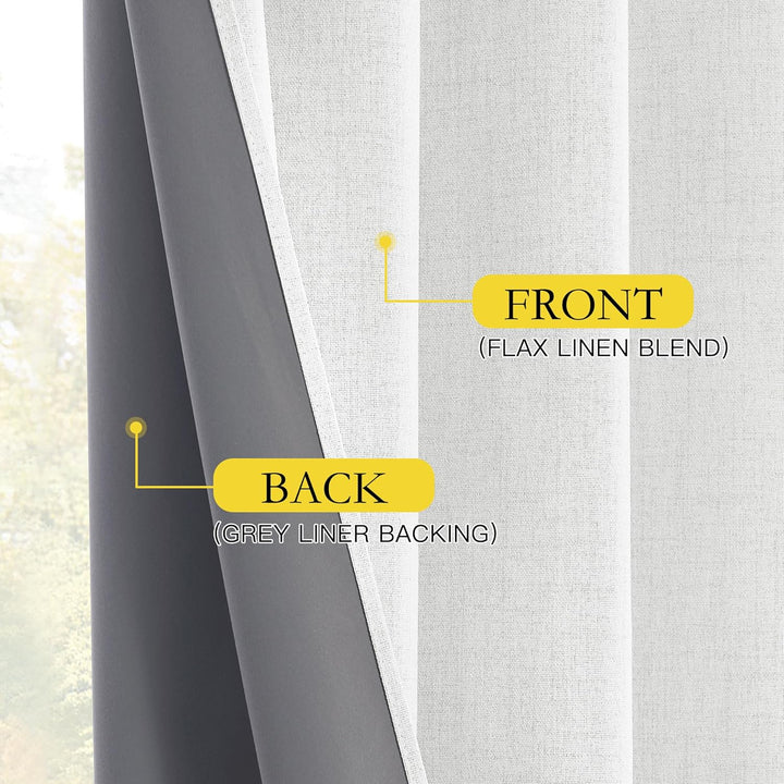 100% Absolutely Blackout Linen Curtains with Thermal Insulated White Liner,Greyish White,52" Wide,84" Length Energy Saving Curtains for Living Room 2 Panels Set,Vertical Blinds