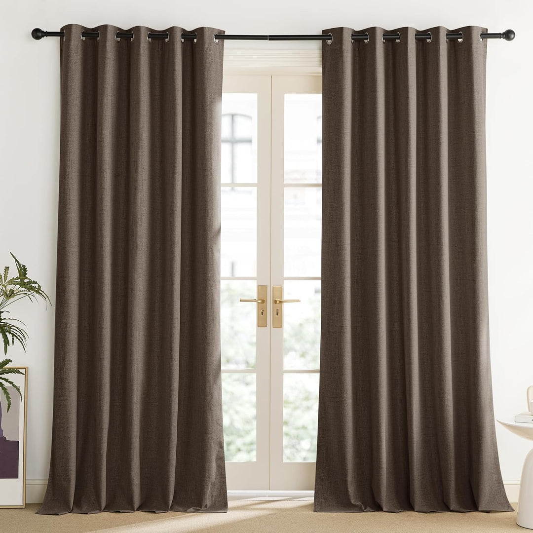 Coffee Vintage Linen 100% Blackout Curtains for Living Room, Thermal Insulated Curtains 95“ Long, Noise Reducing Window Treatment Drapes for Home Office, 62" Wide Per Panel, Set of 2