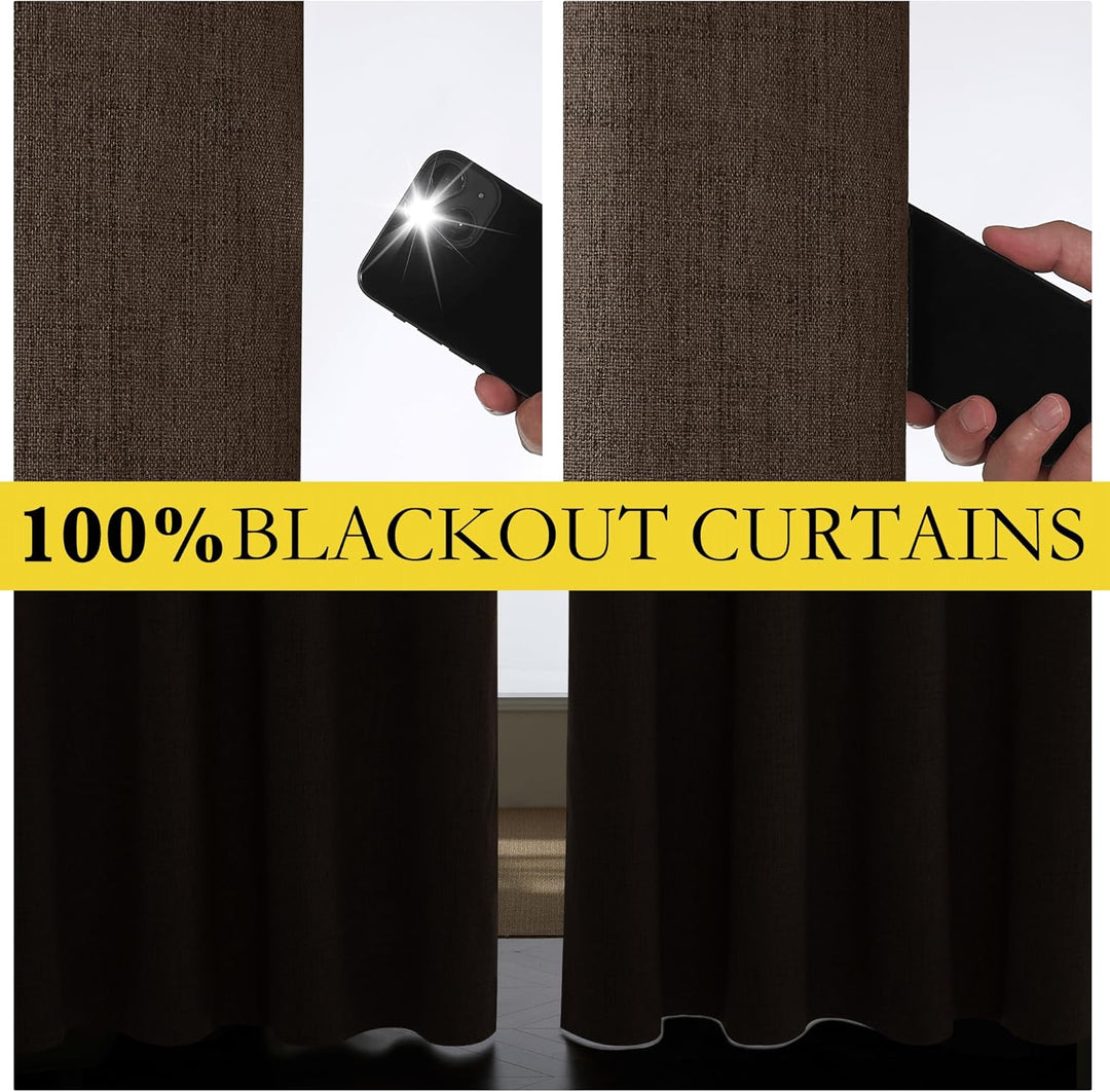 Coffee Vintage Linen 100% Blackout Curtains for Living Room, Thermal Insulated Curtains 95“ Long, Noise Reducing Window Treatment Drapes for Home Office, 62" Wide Per Panel, Set of 2
