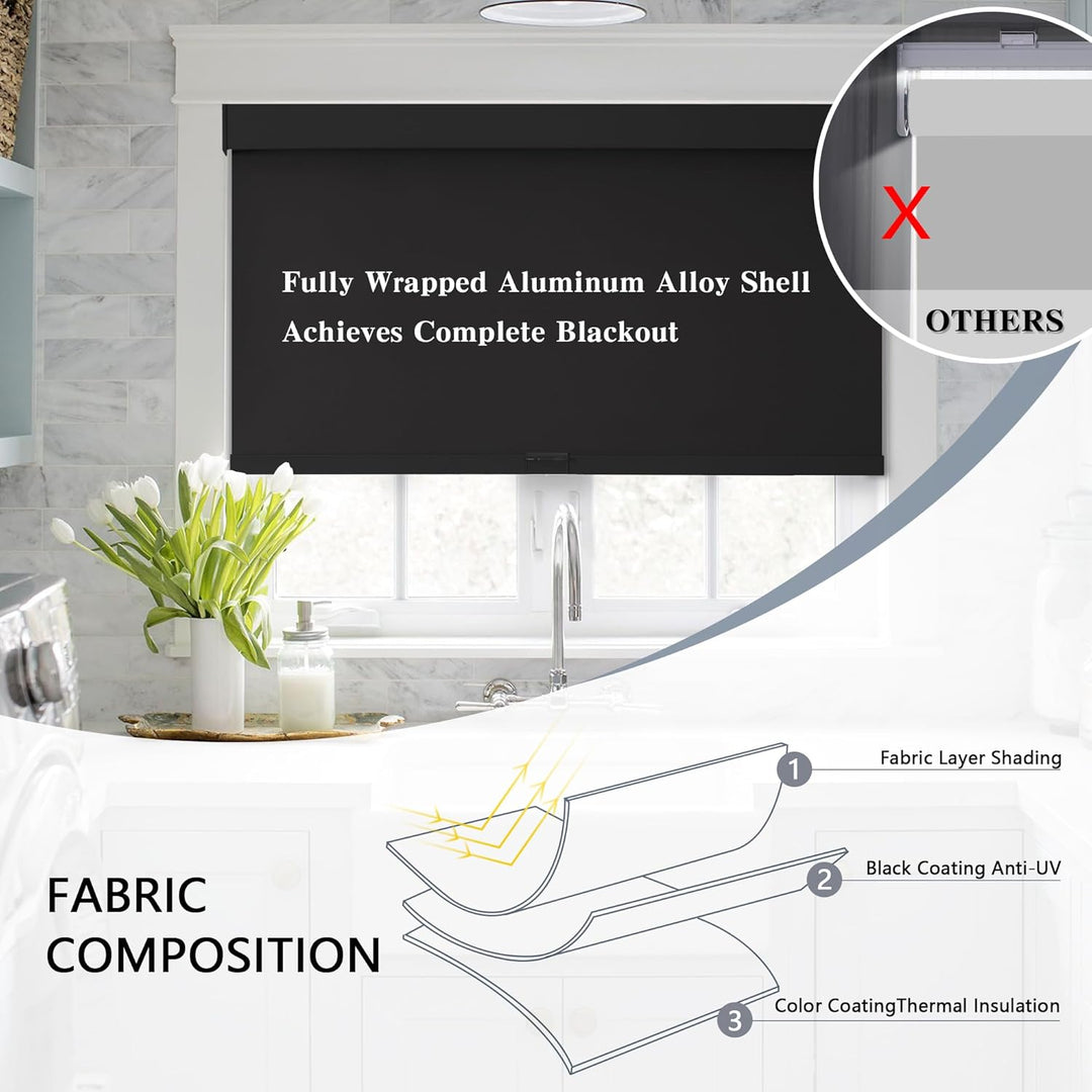 Blackout Roller Shades Cordless Blinds for Windows, Free-Stop Shades with Valance, Thermal Insulated Fabric, UV Protection, Blinds for Home and Office 20" W x 72" H (51W x 183H cm) Black