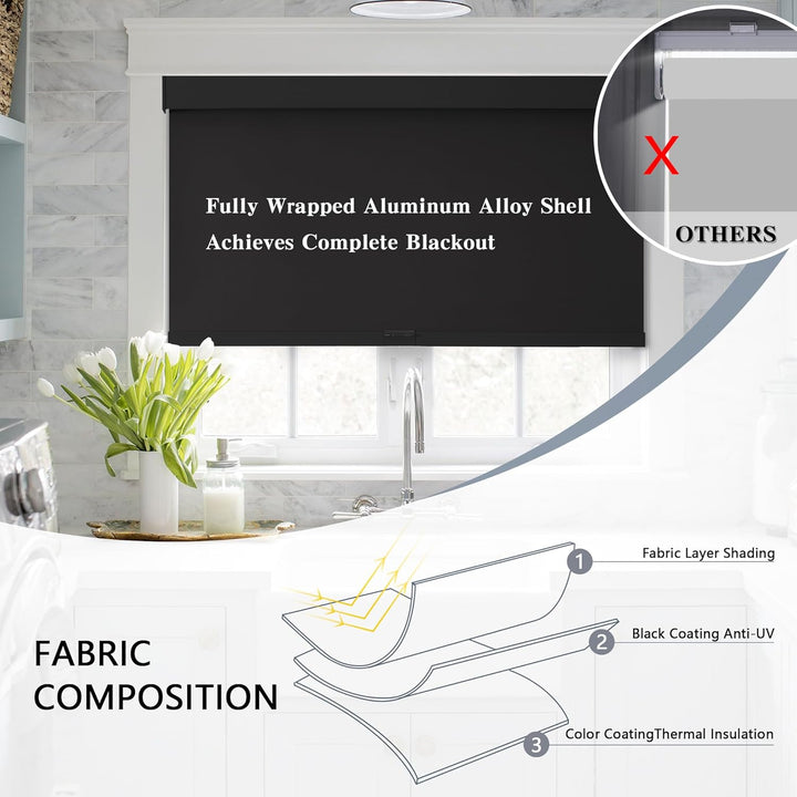 Blackout Roller Shades Cordless Blinds for Windows, Free-Stop Shades with Valance, Thermal Insulated Fabric, UV Protection, Blinds for Home and Office 20" W x 72" H (51W x 183H cm) Black
