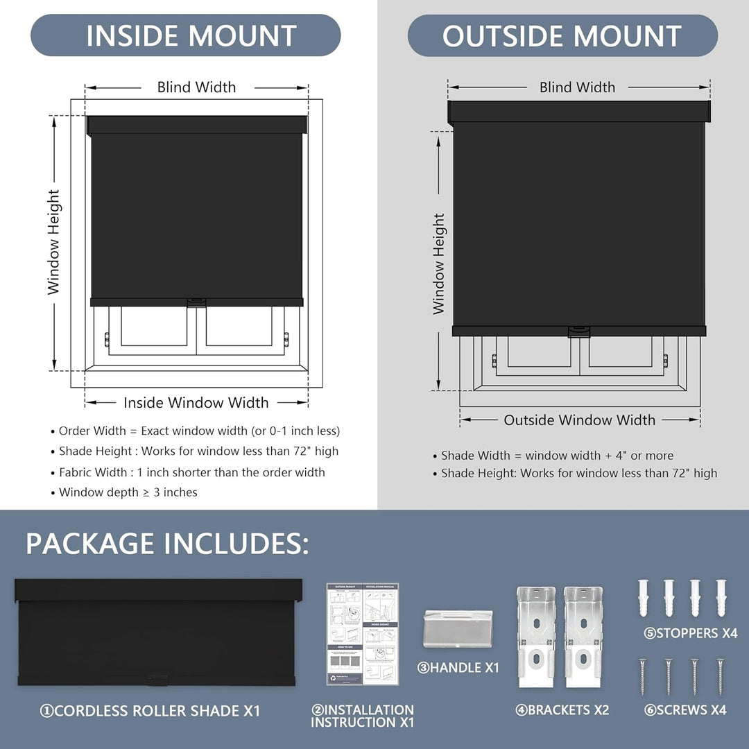 Blackout Roller Shades Cordless Blinds for Windows, Free-Stop Shades with Valance, Thermal Insulated Fabric, UV Protection, Blinds for Home and Office 20" W x 72" H (51W x 183H cm) Black