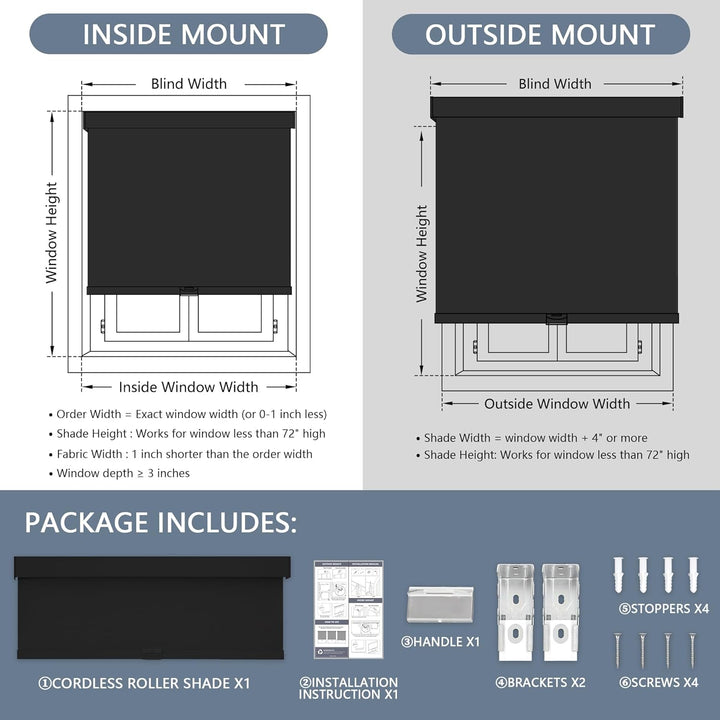 Blackout Roller Shades Cordless Blinds for Windows, Free-Stop Shades with Valance, Thermal Insulated Fabric, UV Protection, Blinds for Home and Office 20" W x 72" H (51W x 183H cm) Black
