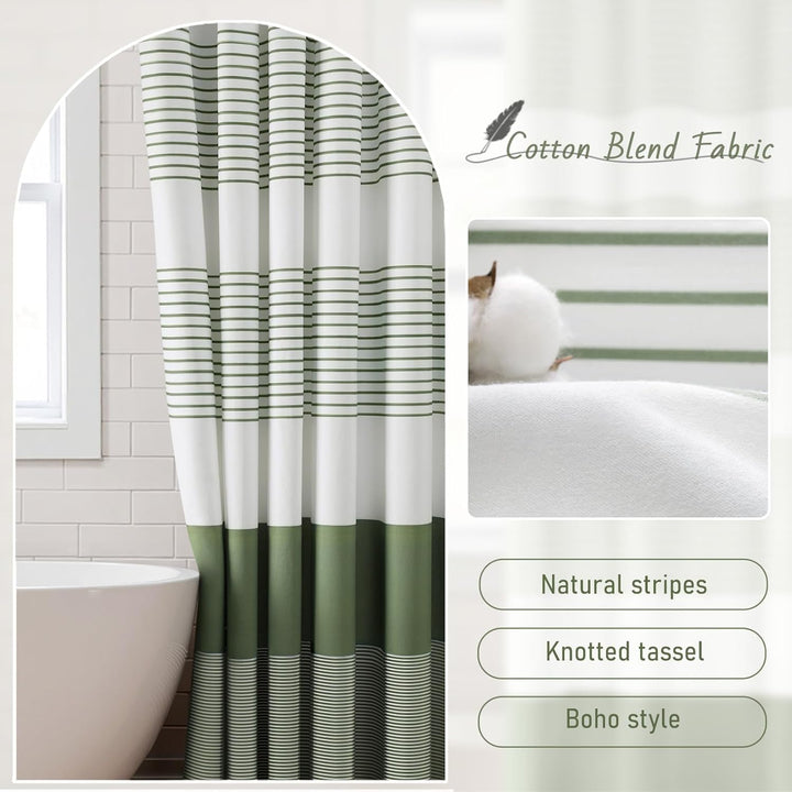 Sage Green Shower Curtain Cotton Boho Striped Shower Curtains for Bathroom with Tassel 72 X 72