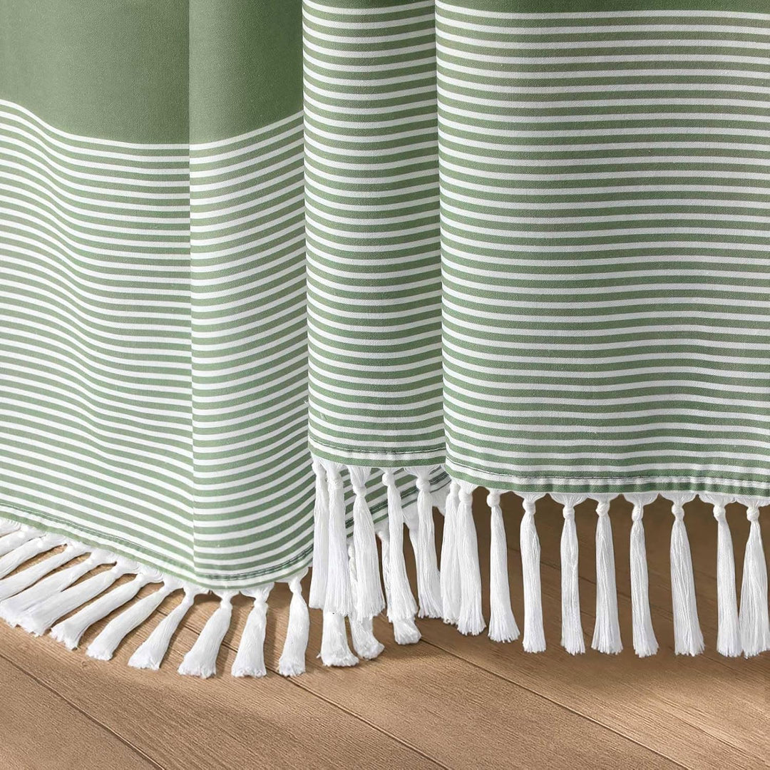 Sage Green Shower Curtain Cotton Boho Striped Shower Curtains for Bathroom with Tassel 72 X 72