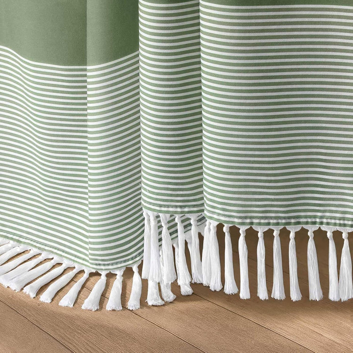 Sage Green Shower Curtain Cotton Boho Striped Shower Curtains for Bathroom with Tassel 72 X 72