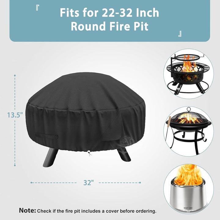 Round Fire Pit Cover for 22-32 Inch Fire Pit - Waterproof and Windproof, with Straps and Built-in Vents, 32 Dia x 13.5 H, Black