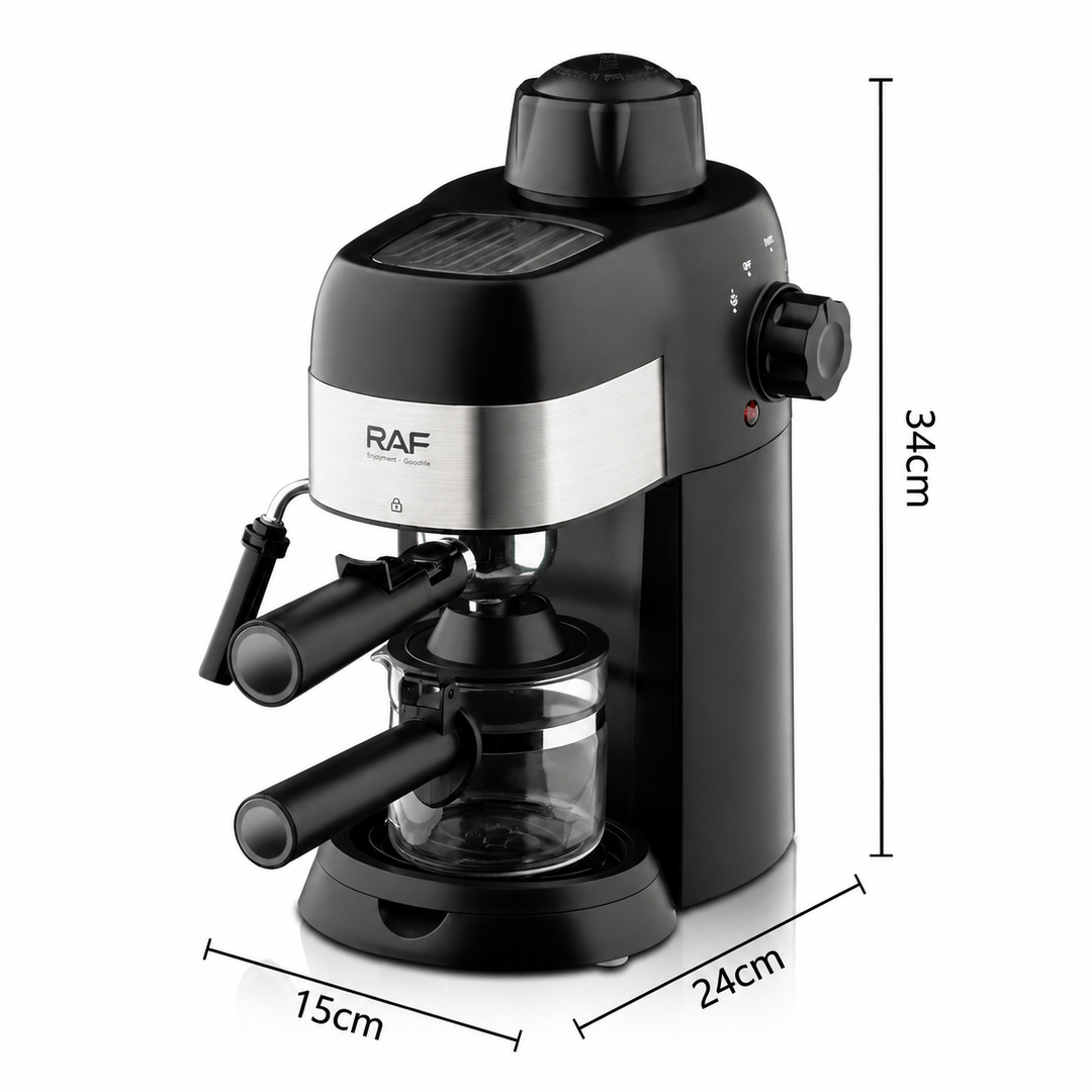 Compact 800W Espresso Coffee Maker with Steam Milk Frother, 240ml Glass Carafe, 4-Cup Capacity, Perfect for Home Kitchen and Small Office Use (Black)
