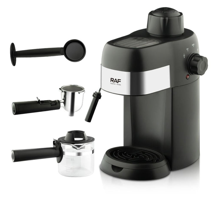 Compact 800W Espresso Coffee Maker with Steam Milk Frother, 240ml Glass Carafe, 4-Cup Capacity, Perfect for Home Kitchen and Small Office Use (Black)