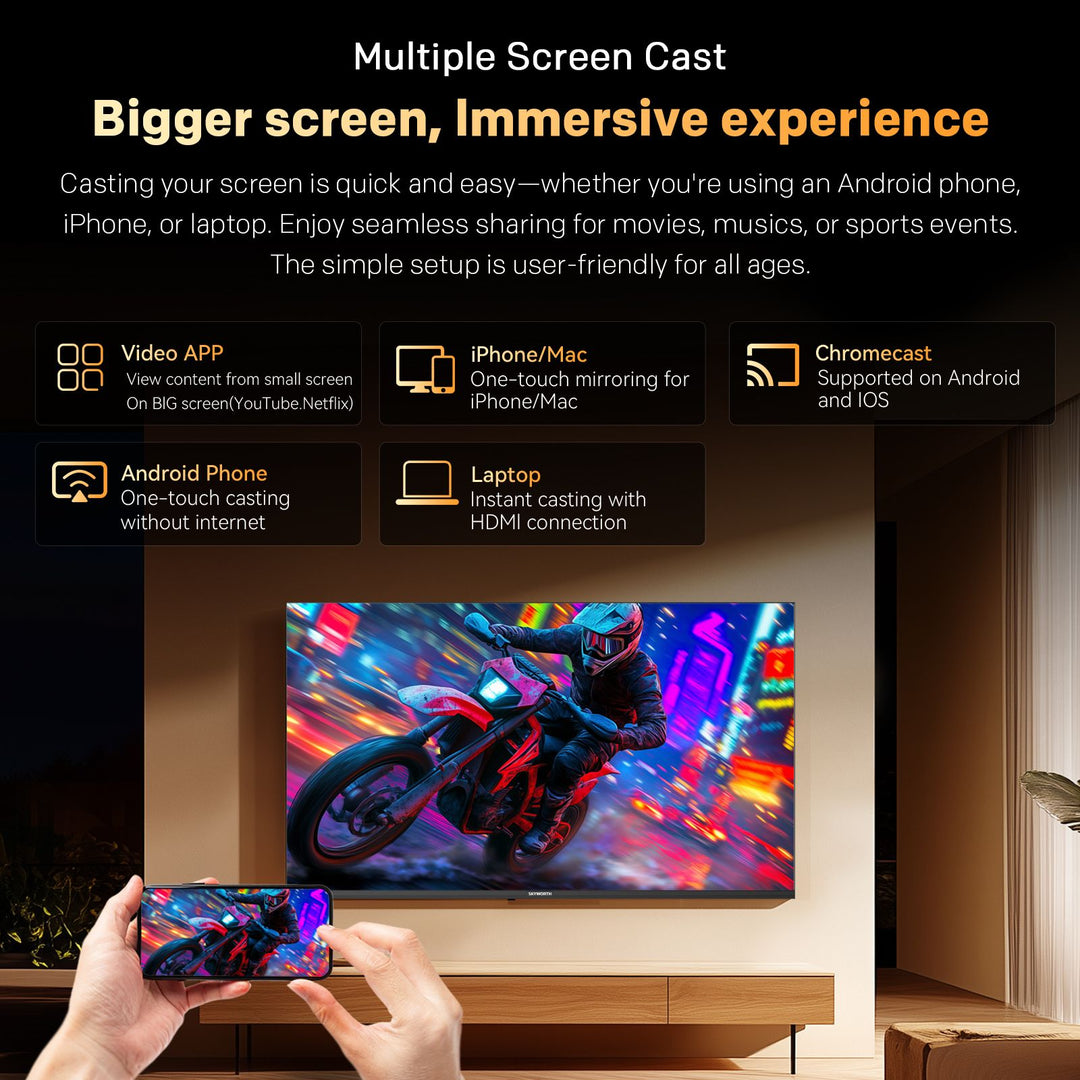 SKYWORTH 40" E5500H EyeCare Smart Google TV, 1080P FHD, HDR10 HLG, Find-My Remote, AI Picture Processing, Dolby Audio, Screen Casting, Bezel Less Design, Voice Control